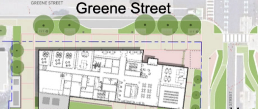 Map of where the STEM Building is planned to be built, near Main Street and Greene Street.