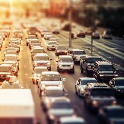 cars in traffic at dusk