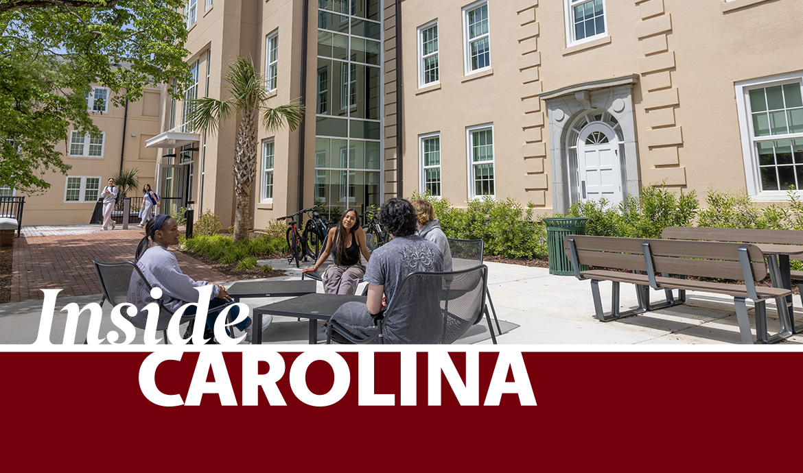 graphic that has a frame with the words Inside Carolina over an image of students sitting in a courtyard